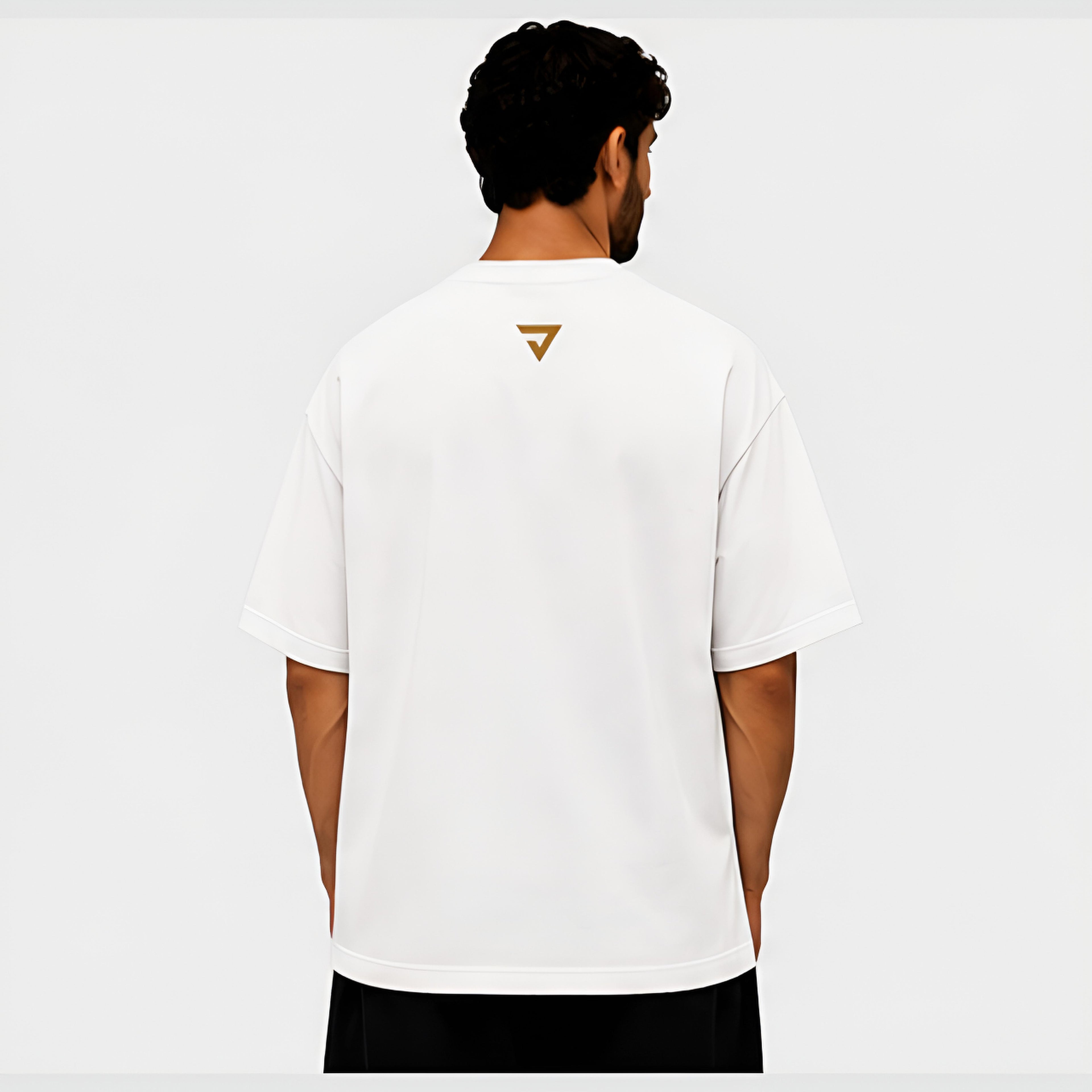 Essential Oversized Tee - Back view, EINZEK gold triangle logo on white